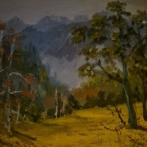 Serene Forest Landscape Painting with Blue and Yellow Hues